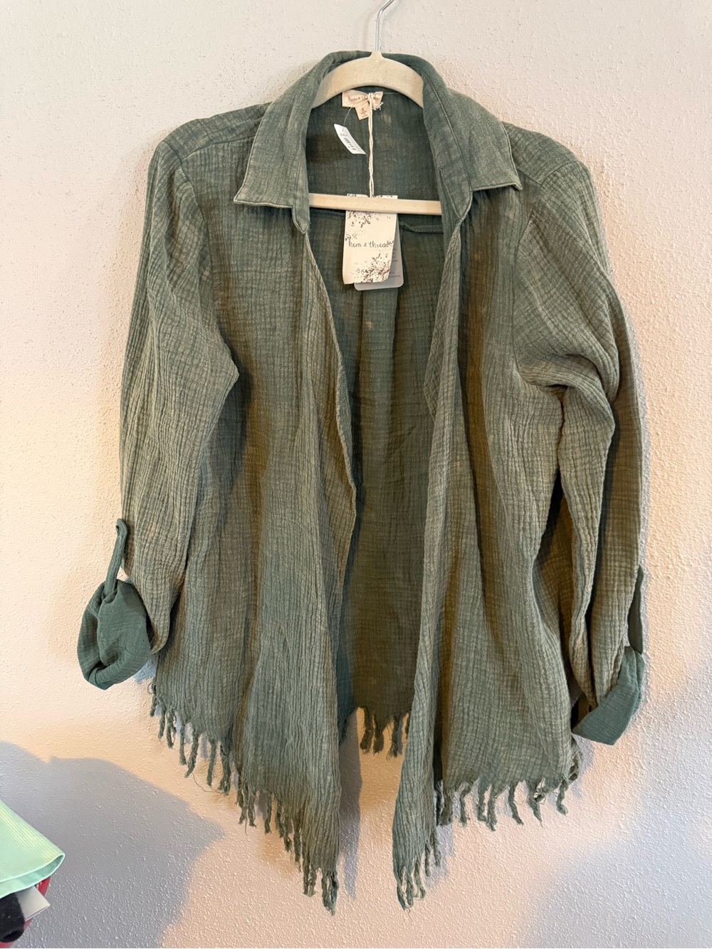 Apricot Lane (s) hem & thread Olive Green Fringe Open-Front Cape Jacket